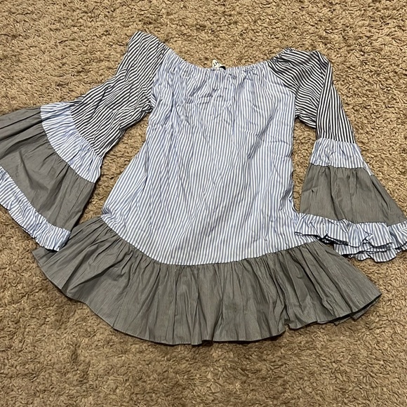 NWOT 1st Sight Blue White Stripe Medium Women's Ruffle Dress Top - Picture 5 of 10